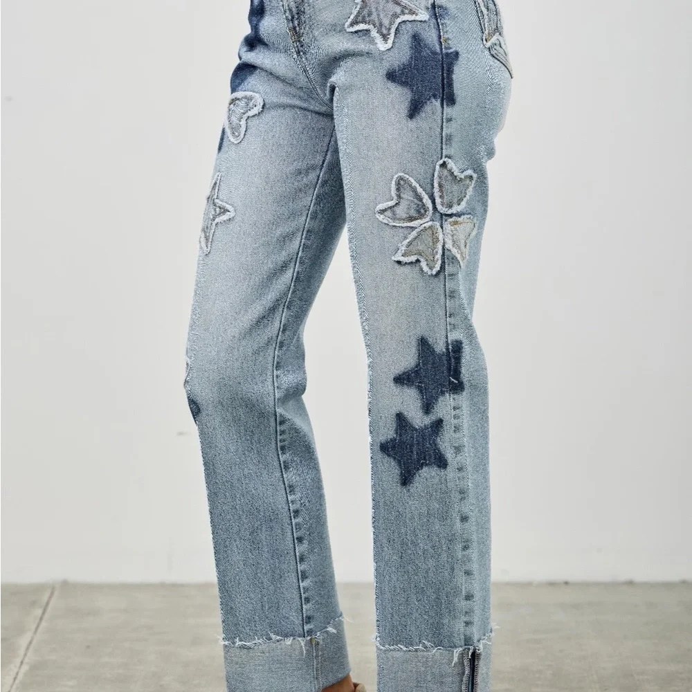 High Rise Star & Heart Patched Dad Jean W/stretch